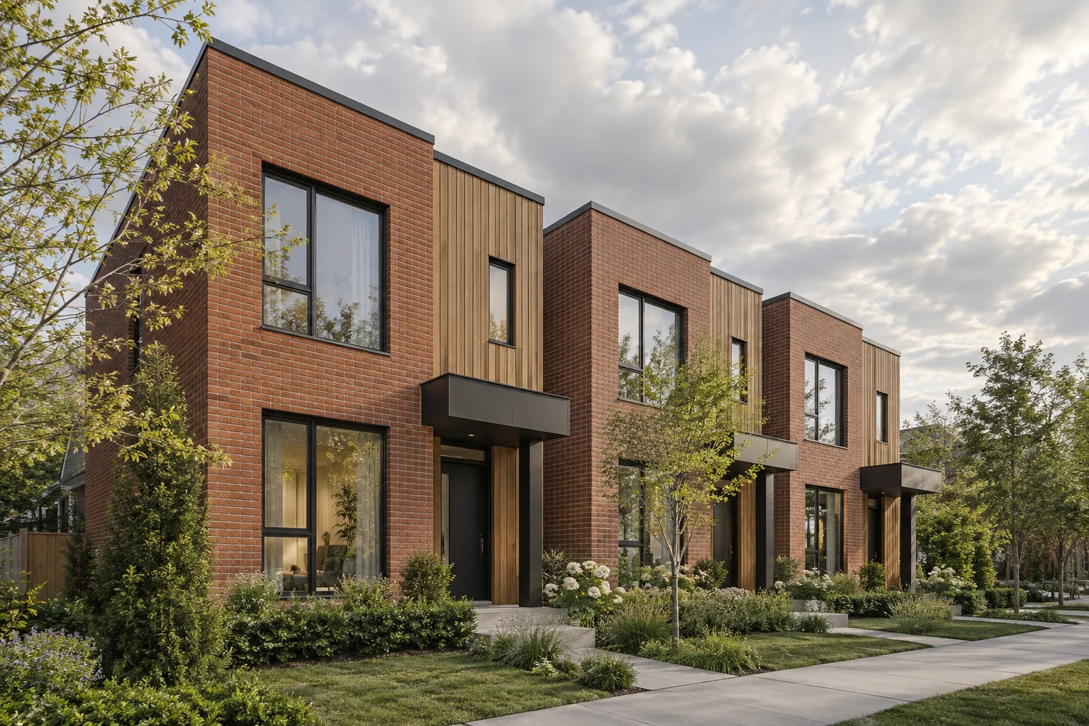 Illustrative contemporary brick and timber townhouse development